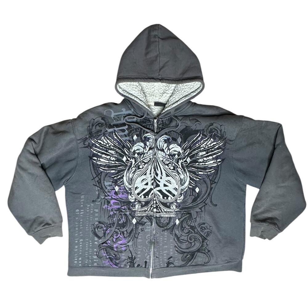 Y2K Affliction Style Gothic Wing Graphic Sherpa Lined Zip Up Hoodie Grunge Emo